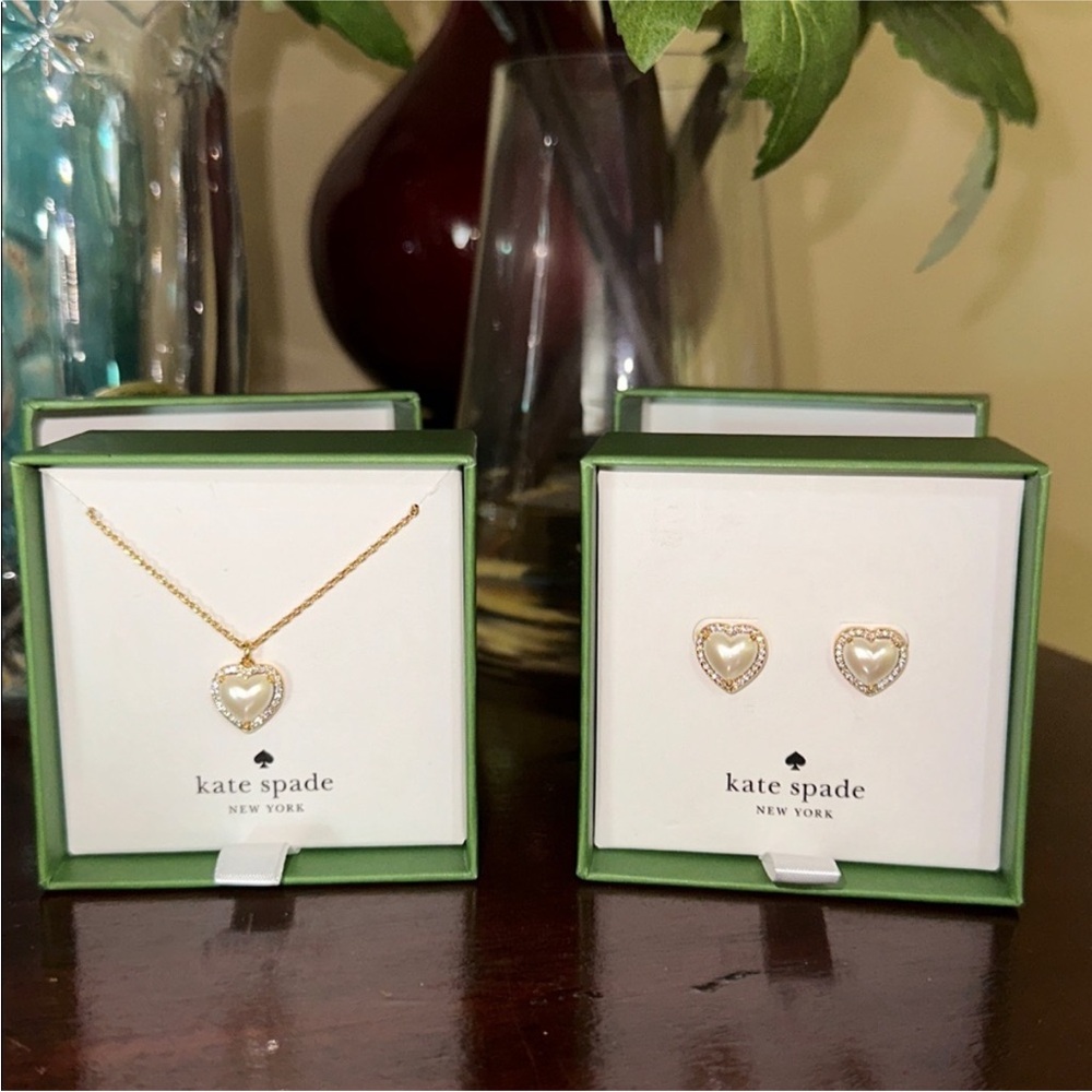 NWT kate spade My Love Pave Faux Pearl Heart Necklace and Earrings in boxes